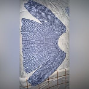 old navy women’s long sleeve gingham plaid navy blue and white blouse